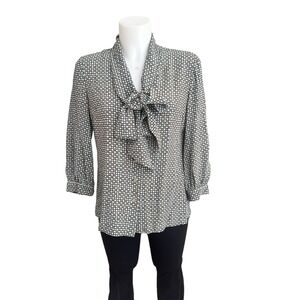 Tory Burch Aqua Brown Bow Tie Front Squares & Logo Print‎ Blouse Sz 6 100% Silk
